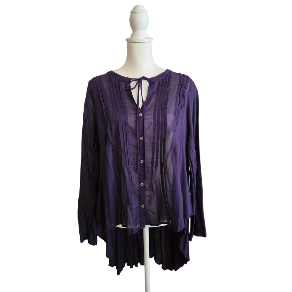 Free People Flowy Long Sleeve Tunic Blouse Navy M High-Low Button Front Tie Boho